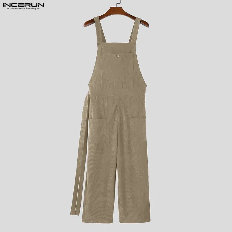 

INCERUN Men Jumpsuits Solid Color Joggers Corduroy Loose Casual Male Overalls Streetwear Sleeveless Fashion Straps Rompers Pants