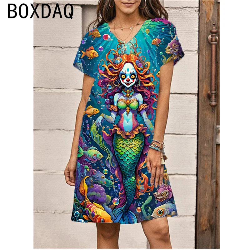 

Plus Size Women Dress Summer Short Sleeve V-neck A-Line Dress 3D Elegant Vintage Floral Print Casual Dress Vestidos