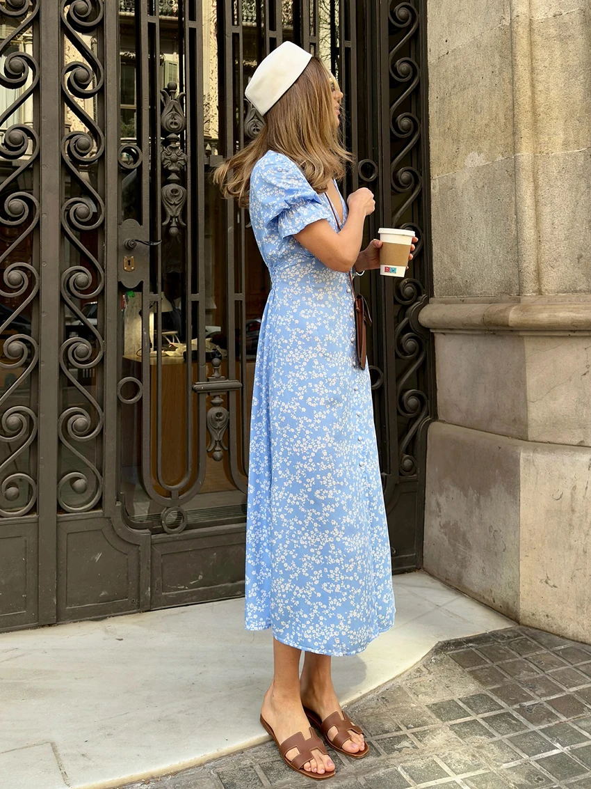 Marthaqiqi Printing Ladies Sleepwear V-Neck Pajamas Short Sleeve Nightgowns Split Nightie Mid-Calf Dress Casual Female Nightwear