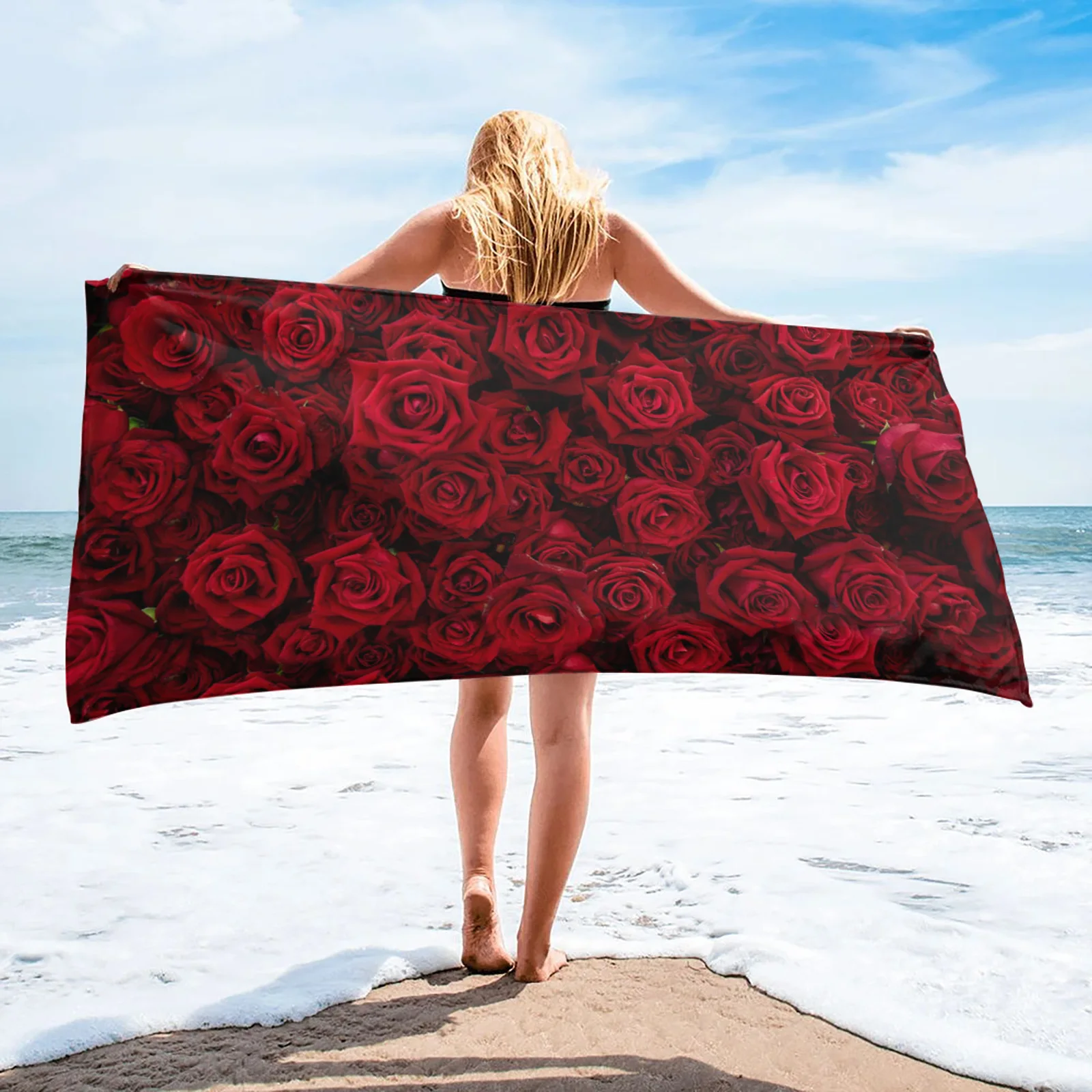 Red Rose Flower Beach Towel Romantic Floral Bath Towel Microfiber Shower Quick Dry Swimming Cover for Valentine's Day Wedding