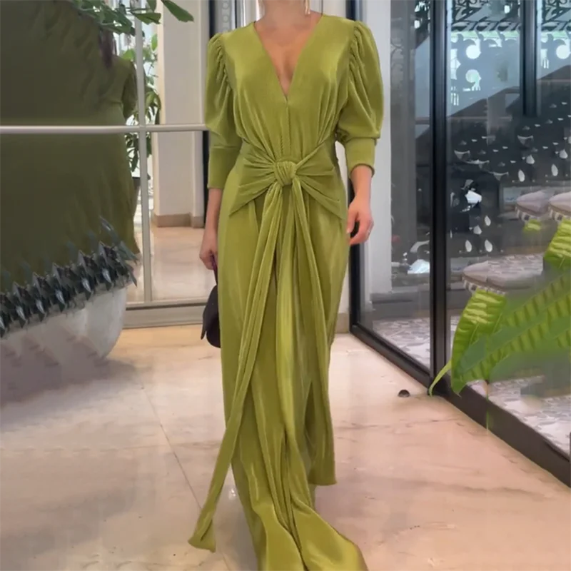 

Customized Luxury Elegant Long Sleeve Evening Dress Female Women's Solid Color Floor Long V Neck A-line Dark Clothing Outfits