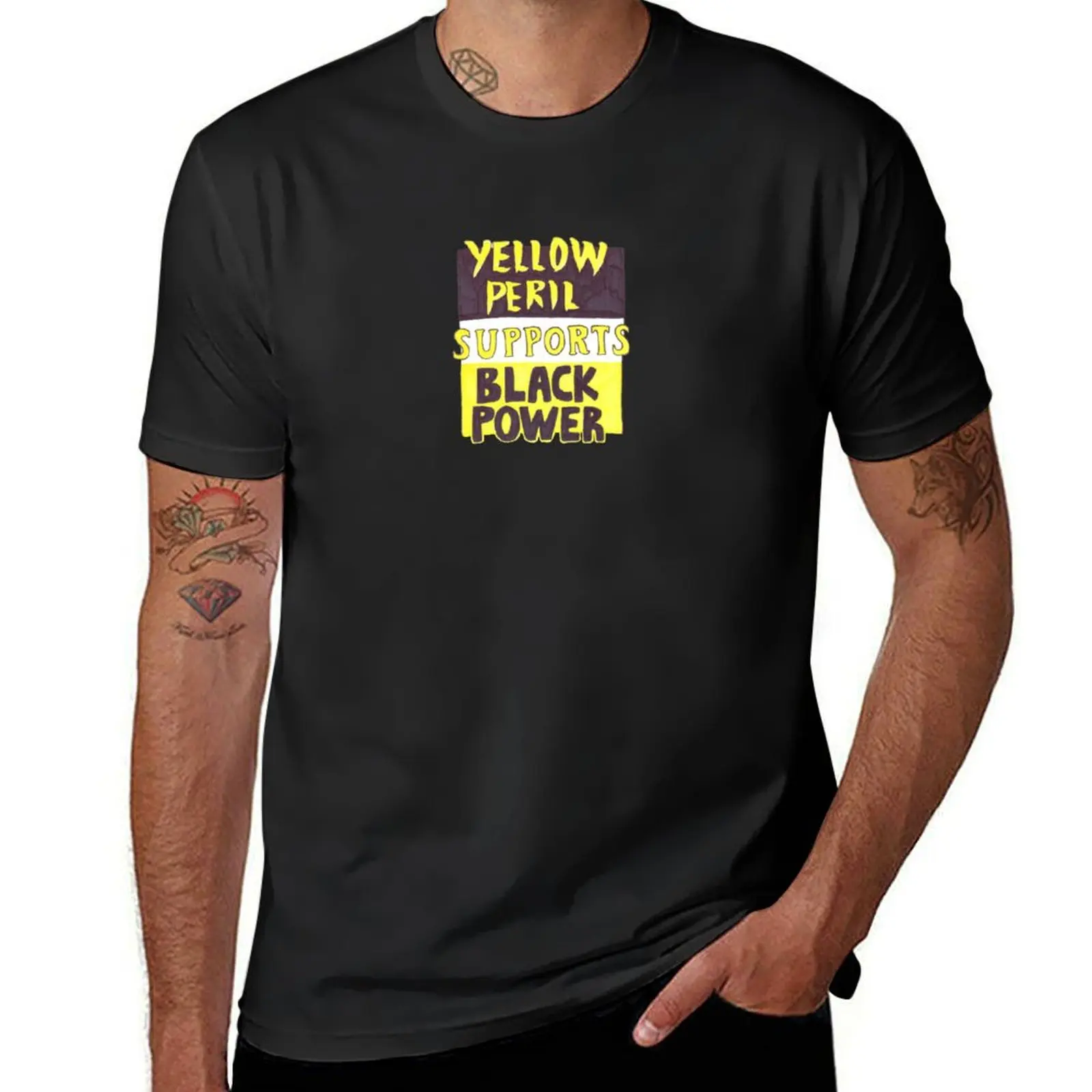 Yellow Peril Supports Black Power T-Shirt summer top funnys customs vintage t shirts for men cotton