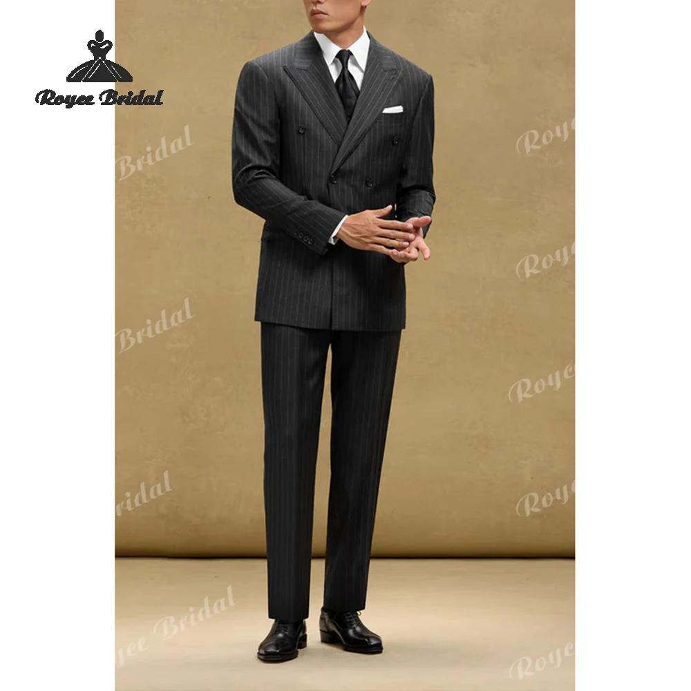 

Gray Stripes Two Piece Double Breasted Men's Suit Wedding 2026 Peak Lapel Formal Evening Business Suit costume homme mariage