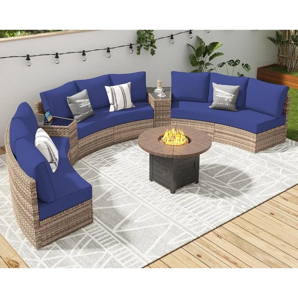 

Patio Furniture Sets, 11 Piece Half-Moon Sectional Round Sofa Set, Outdoor Patio Furniture with Cushions & Wedge Table for Beach