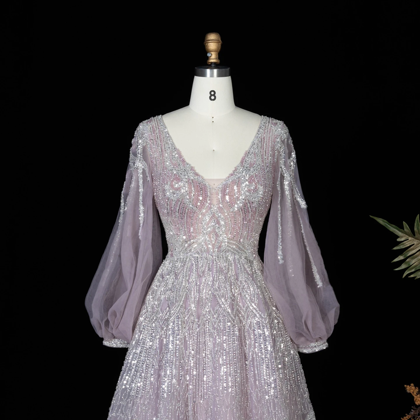 Sharon Said Luxuriöses Rosa Abendkleid mit Perlenstickerei, V-Ausschnitt, A-Linie und Puffärmeln, 2026 Damen Hochzeitsfeier SS057, Maßanfertigung – Detail 6
