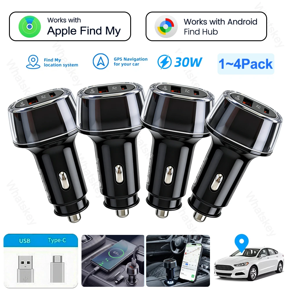 1-4 Stück Universelles Mini-Autoladegerät Zigarettenanzünder USB Typ-C Adapter Versteckter GPS-Ortungsgerät für iOS & Android Find Hub App