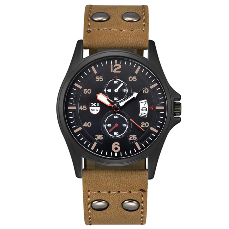 男性オリジナル XINEW ブランド格安腕時計学生ボーイズファッションカジュアルレザーバンドミリタリースポーツ日付クォーツ腕時計ブラック