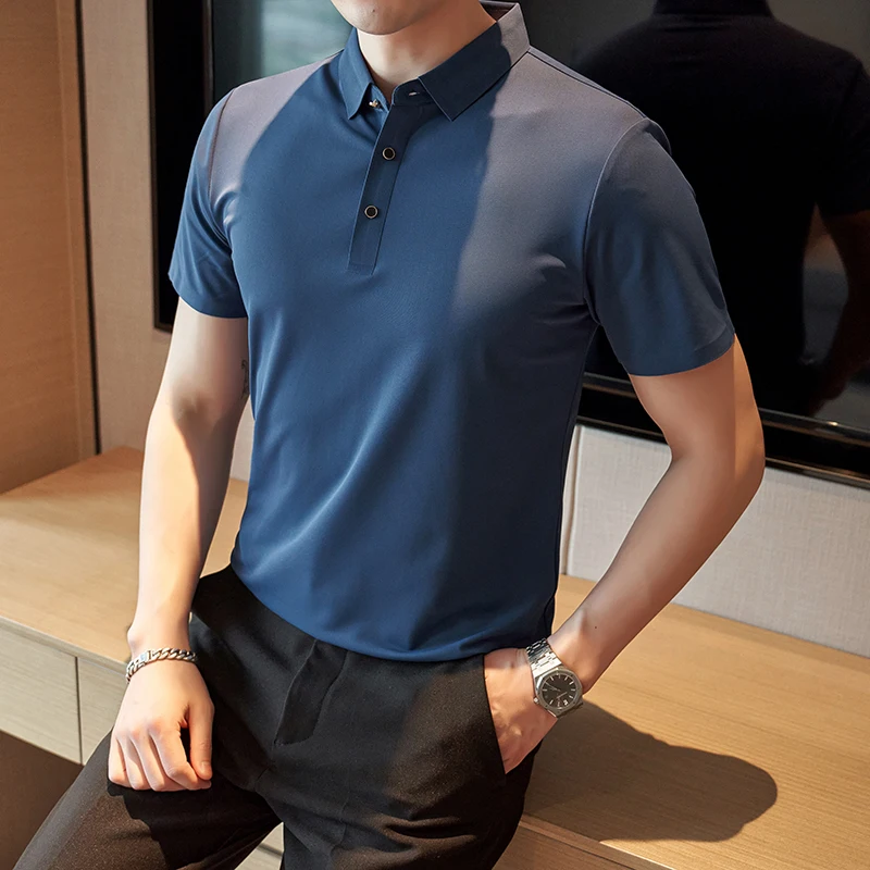 

2023 Seamless Ice Silk POLO Shirts Men Summer Short Sleeve Solid Color Slim Casual T-shirts Social Polo Tee Tops Men Clothing