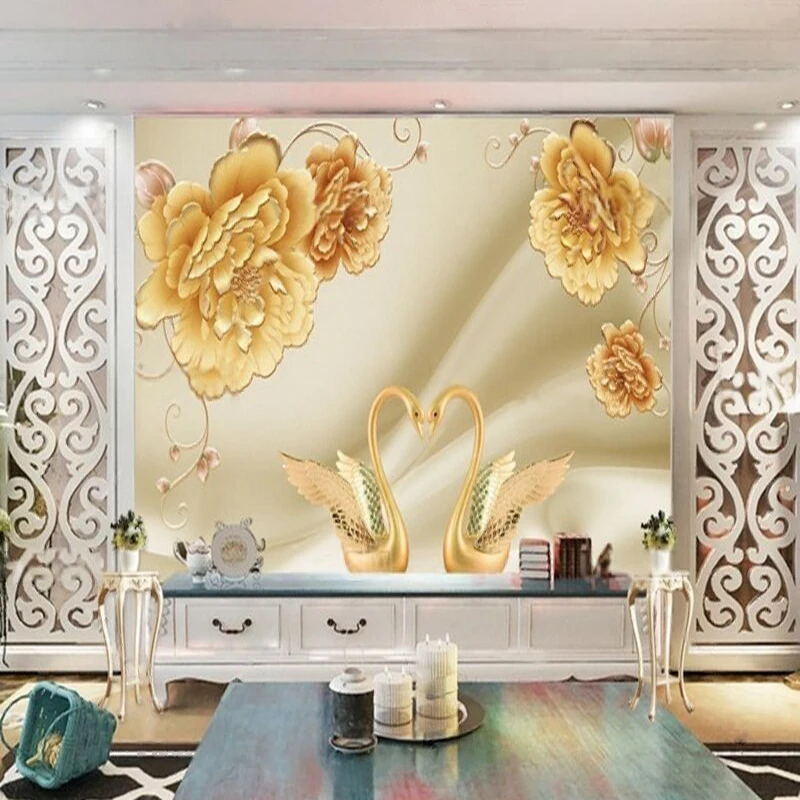 Nordic Golden Peony Swan Duet Jewelry Screen Painting For Chinese Painting TV Living Room Flower Shop Cafe Decoration Picture