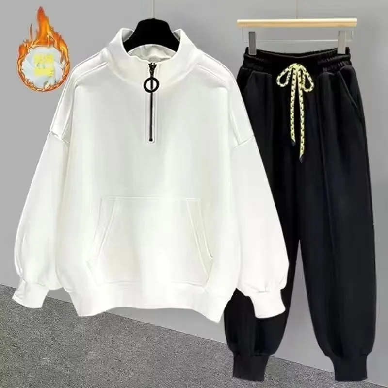 

Mens Half Zip Sports Suit Autumn Winter Loose Casual Ins Fashion Plus Velvet Sweatshirt Pants 2 Piece
