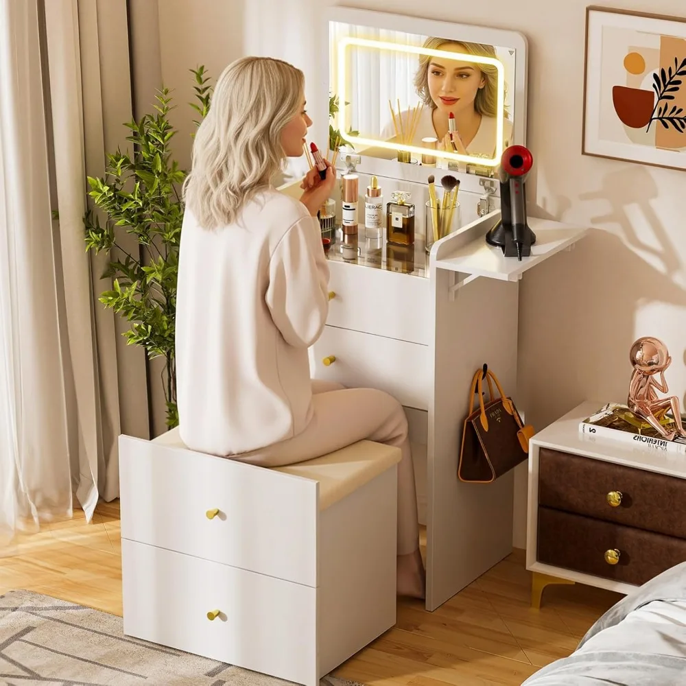 مكتب مكياج مدمج 3 في 1 مع سطح زجاجي ومرآة قلابة وأدراج تخزين