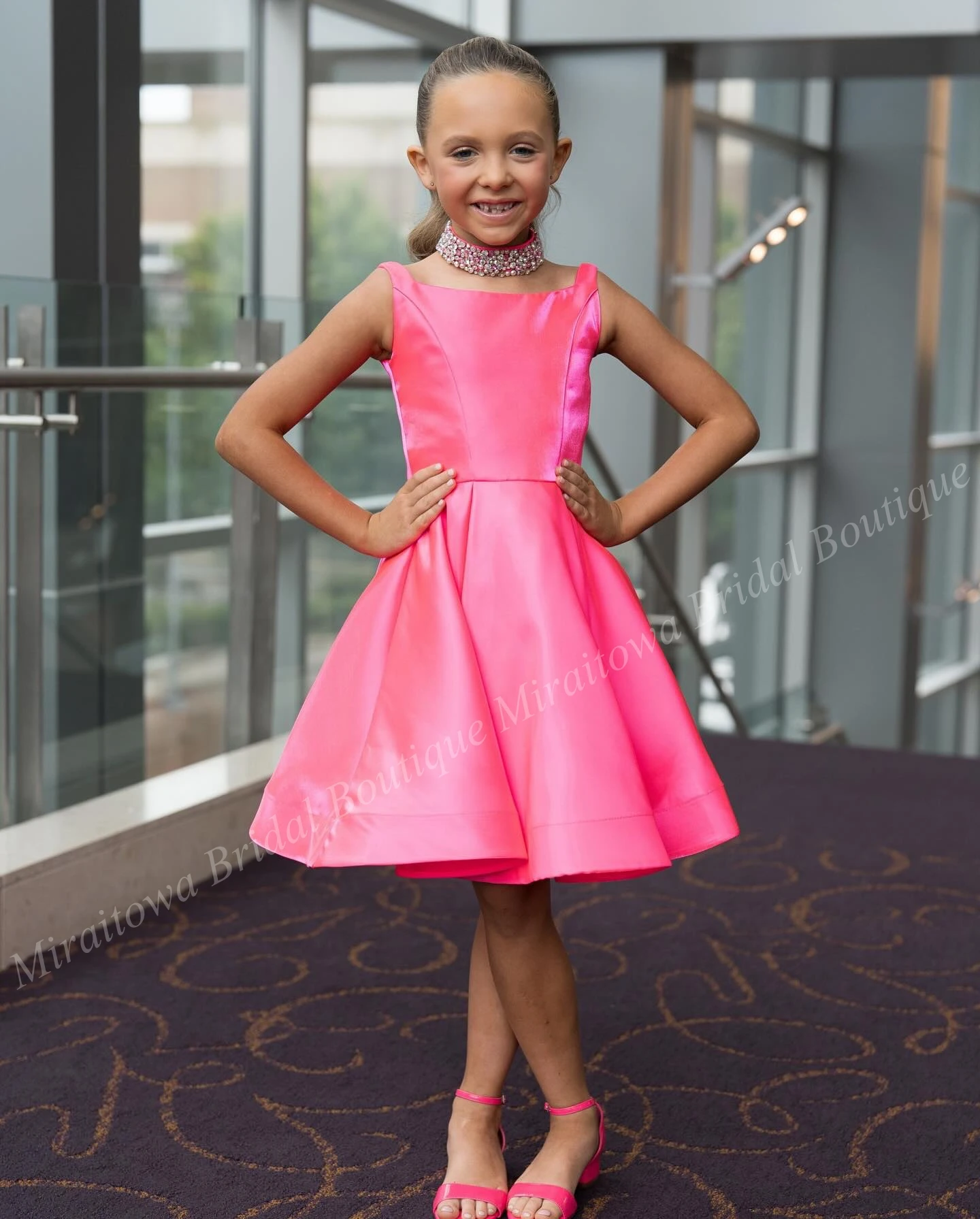 Girl Pageant Interview Dress with Crystal Choker Short Satin Kid Birthday Formal Party Gown Toddler Little Miss Rising Star Pink