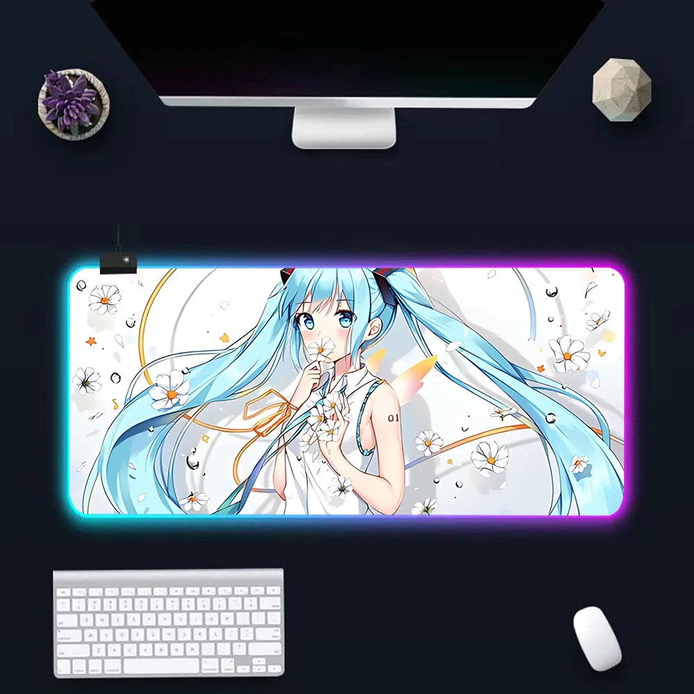 H-Hatsunes Miku RGB Pc Gamer Keyboard Mouse Pad Mousepad LED Glowing Mouse Mats Rubber Gaming Computer Mausepad