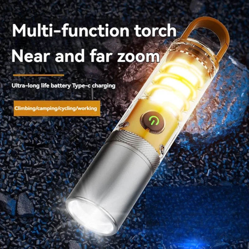 

Portable Strong LED Flashlights 2 Lighting Mode Telescopic Zoom Torch Type-C Charging Connector Long-Range Camping Flashlight