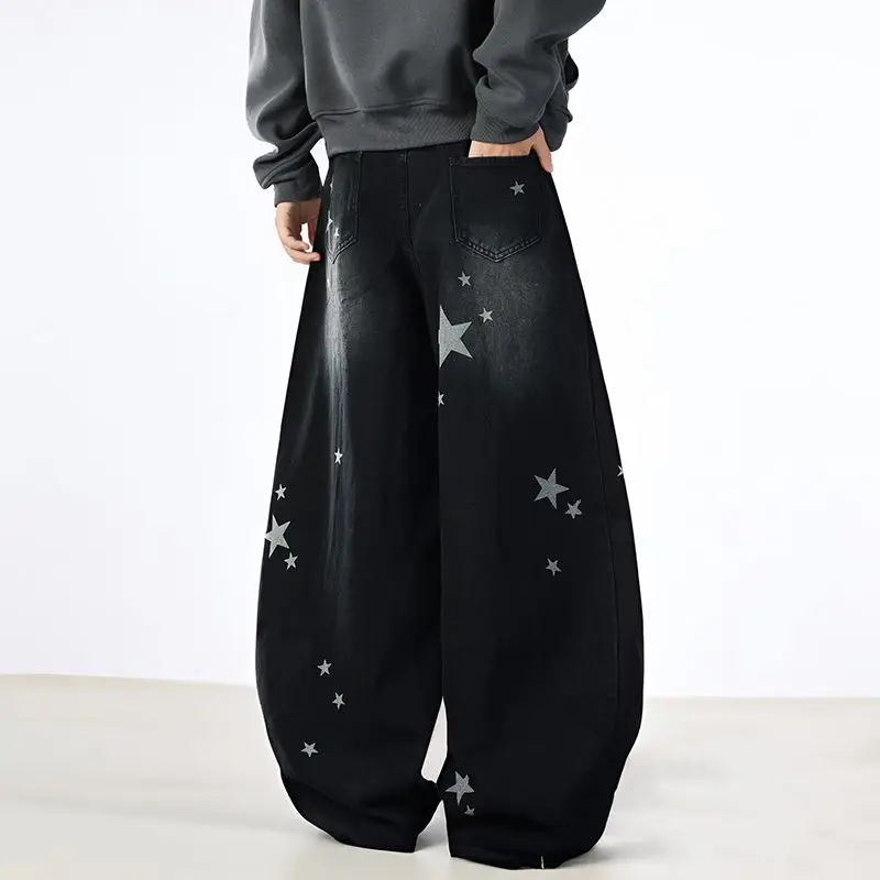 مع جيوب بنطلون أسود نجمة مستقيم الساق السراويل للنساء عالية الخصر النار المرأة الجينز الاتجاه 2025 السراويل