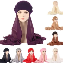 New Muslim Fashion Women Hijab with Beret Hat Chiffon Scarf Ready To Wear Instant Headscarf Shawls Wrap Turban Headwear Bandana