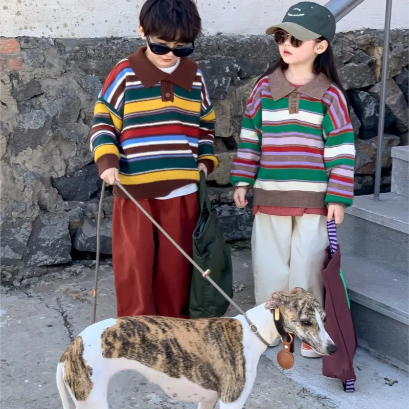 2024 Spring Autumn Children Boys 2PCS Clothes Set Striped Knitted Turn Down Collar Sweater Loose Cotton Pants babys Boys Outfits