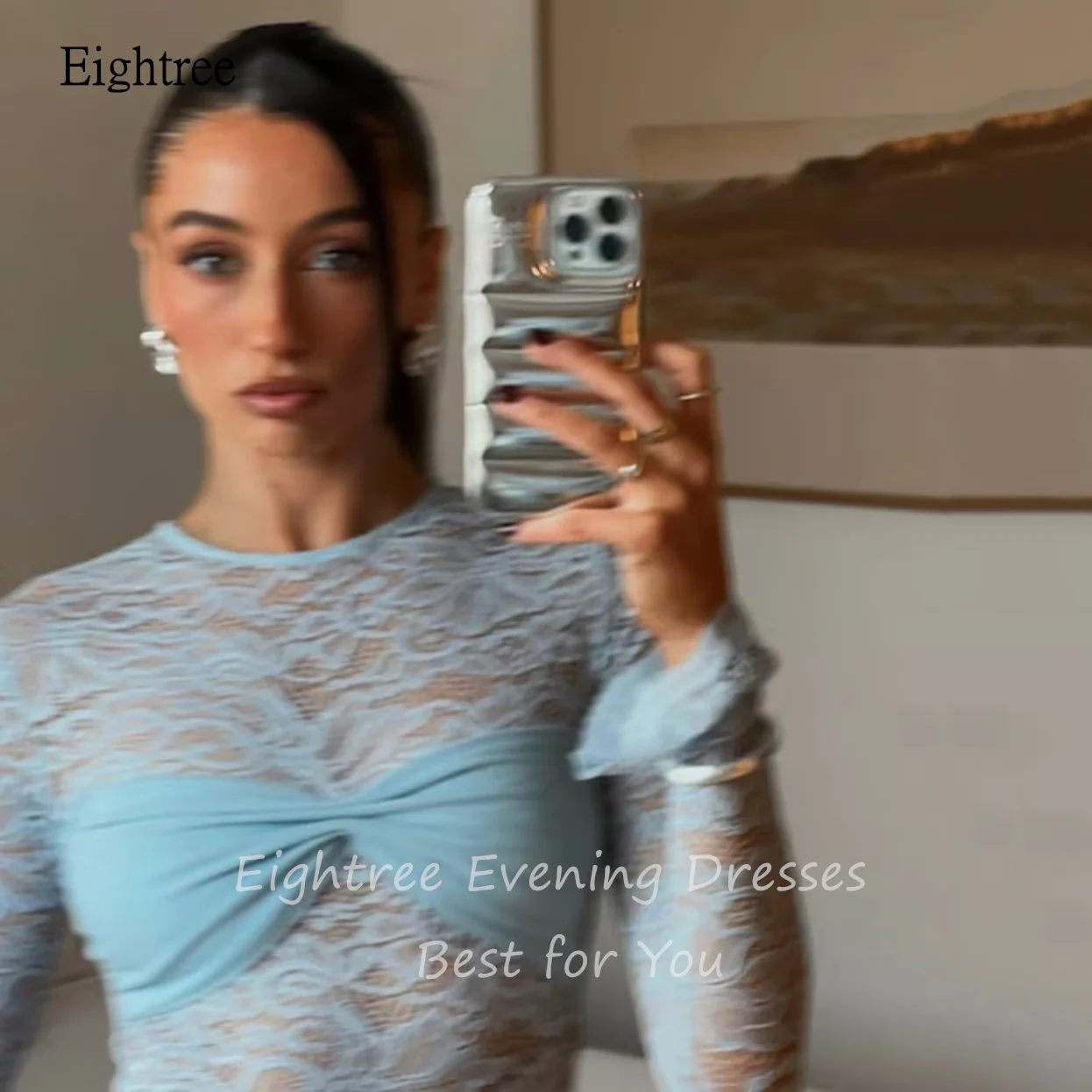 Eightree-Mini robe de soirée en mousseline de soie à col rond, sexy, bleu ciel, Rh, quelle que soit la dentelle, robe de soirée formelle, personnalisée