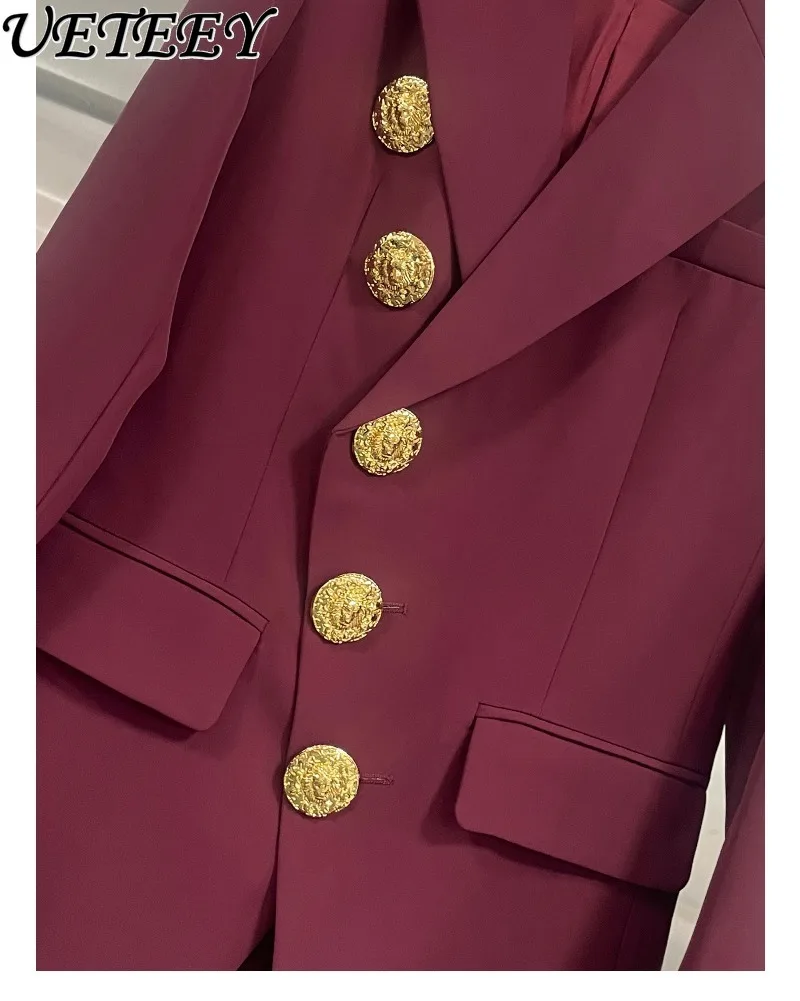 Conjunto de duas peças estilo francês para primavera e outono novo casaco blazer de peito único de alta qualidade e calças largas de cintura alta