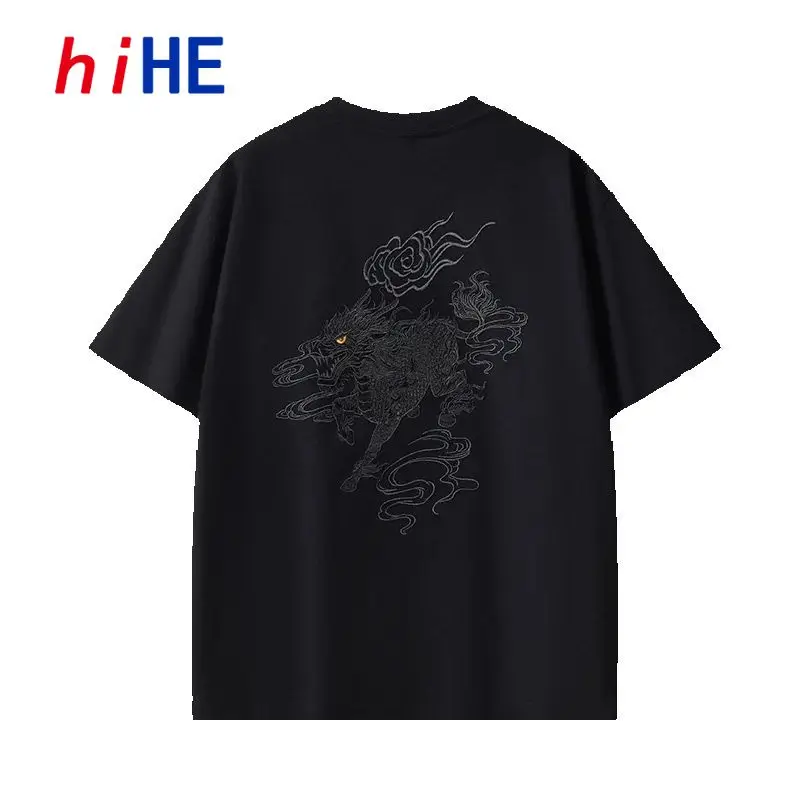 Heavyweight Combed Cotton Short-Sleeve Tshirt Men Crew Neck Drop Shoulder National Qilin Embroidery Plus-Size Half Sleeves D042