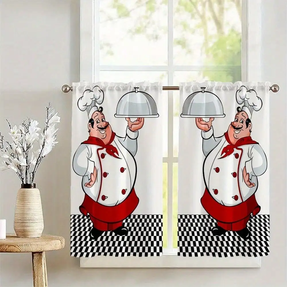 Funny Chef Curtains Cartoon Cook Kitchen Window Drapes Black and White Checkered Cafe Decor, Short Valance  Panel Set for Dining