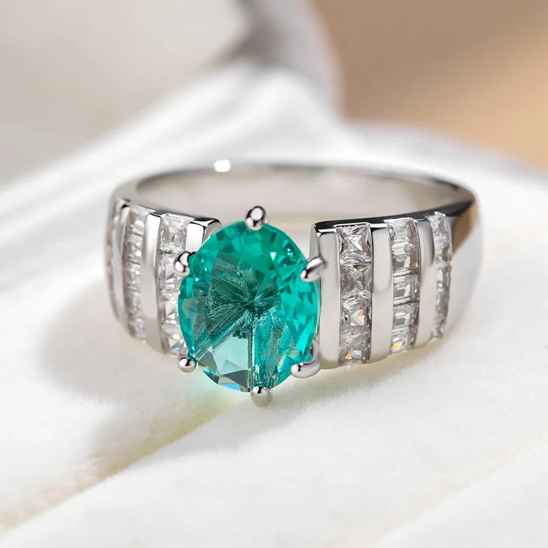 Oval Cut Blue Green Stone Vintage Promise Engagement Rings For Women Silver Color Metal Six Claws Zircon Bridal Wedding Bands CZ