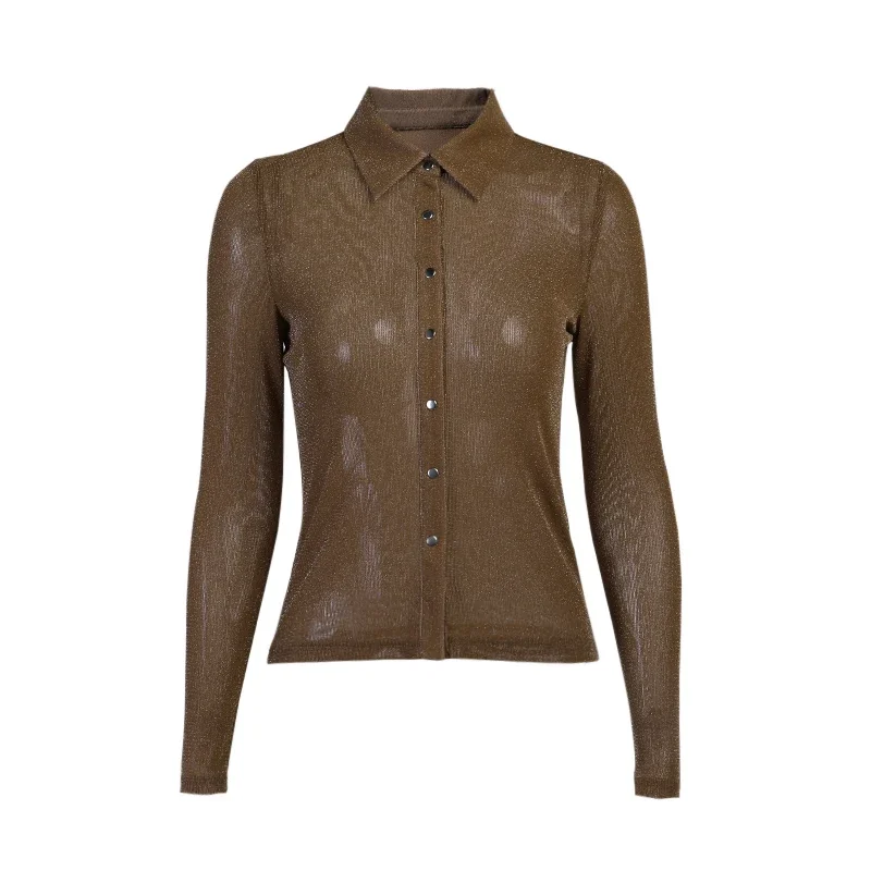 Summer  Ladies Cardigan Transparent T-shirt Brown Lapel Button Mesh Casual Sexy Long-sleeved Top Transparent Cardigan Top