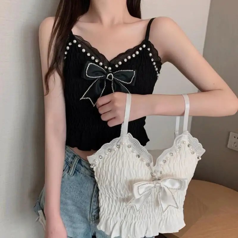 New Sweet Style Pleated Camisole Spring and Autumn Korean Style Small Vest Short Bow Lace Dormitory Wear Camisole for Women Hot