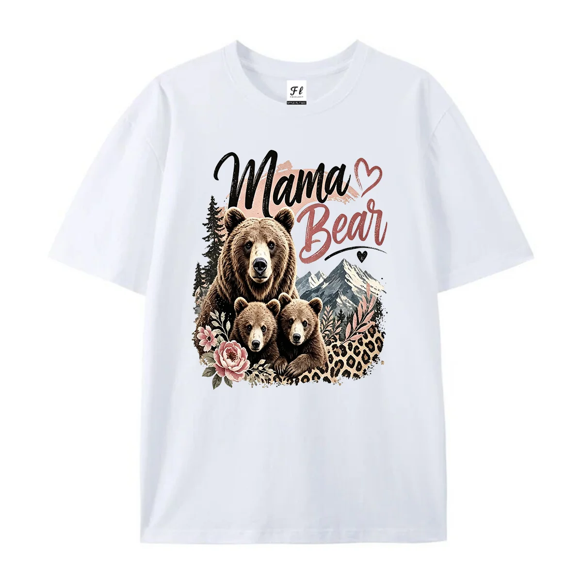 Mama Bear with Cubs Mountain Floral Leopard Print Graphic T-Shirt Women Retro Wild Bear Family Tee Mother's Day Gift Casual Tees