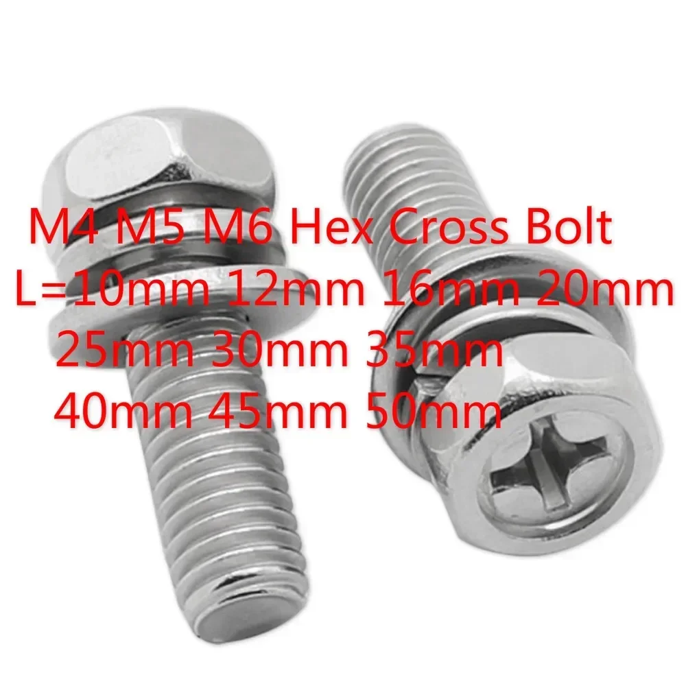 40set M4 M5 M6 Hex Cross Bolt Phillips Head  Hexagon Screws Flat Spring Washers 304 Stainless Steel L=10-50mm 16mm 30mm