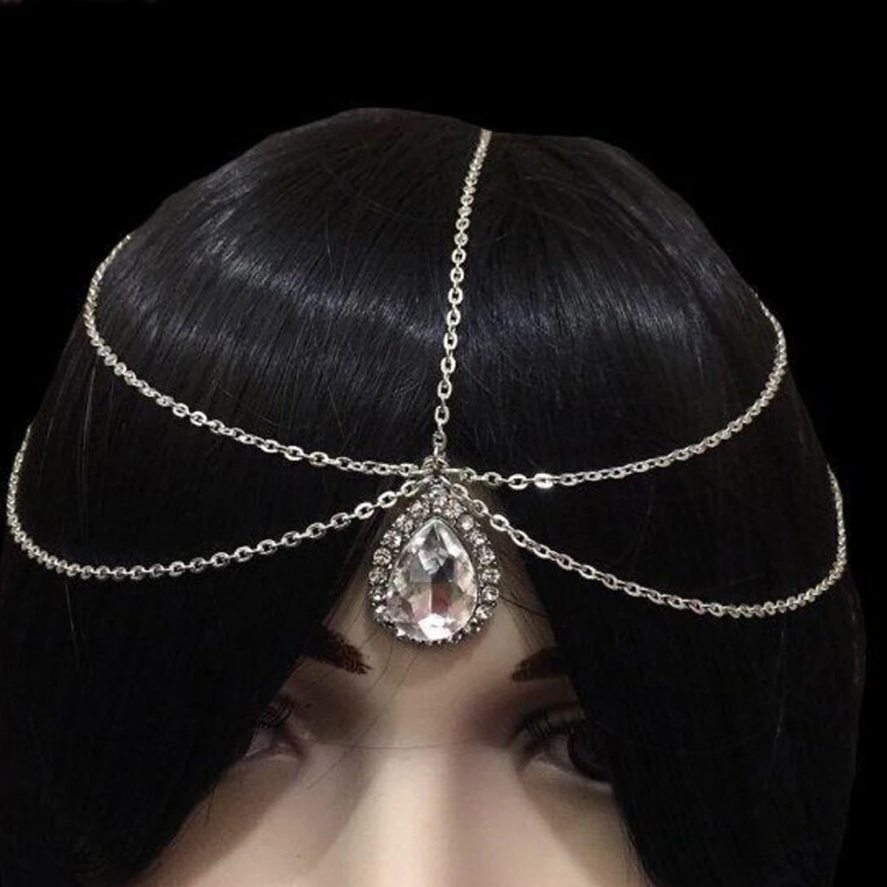 الهندي الزفاف متعدد الطبقات الجبين خوذة حفلة موسيقية إكسسوارات الشعر موضة قطرة الماء الأحمر المعادن رئيس سلسلة مجوهرات للنساء هدية