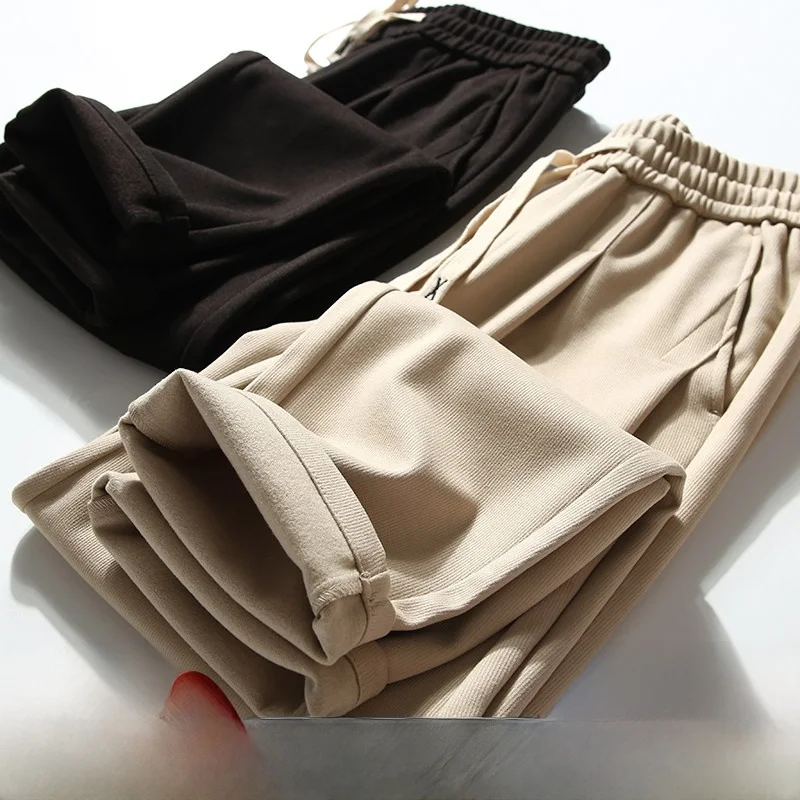 

Sli Men's Fce Lined Thiened Elastic Waist Casual Pants Autumn Winter Straight Leg Long Trousers Faion Urban Sle