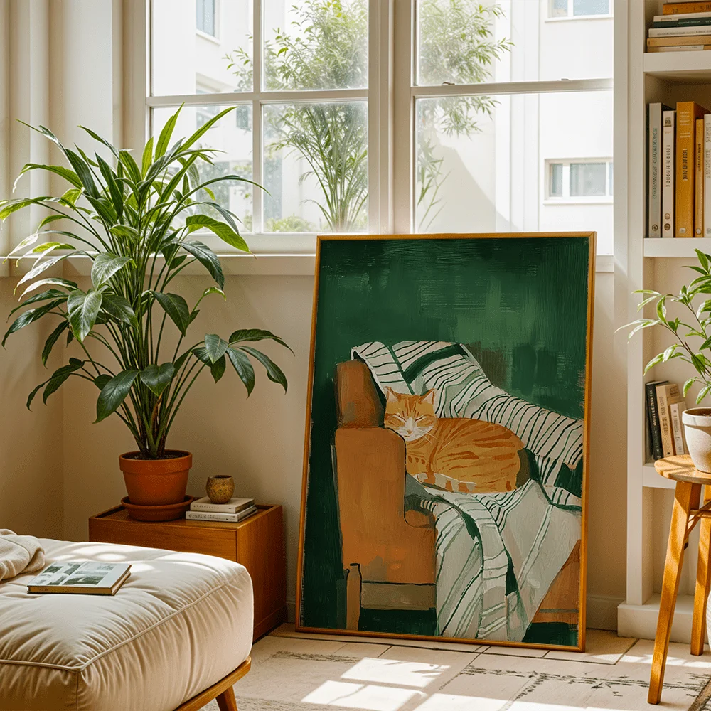 Retro Green Tone Home Decor, Orange Cat Lying On Armchair Canvas Poster Wall Hanging, Minimalist Wall Art For Living Room Bedroo