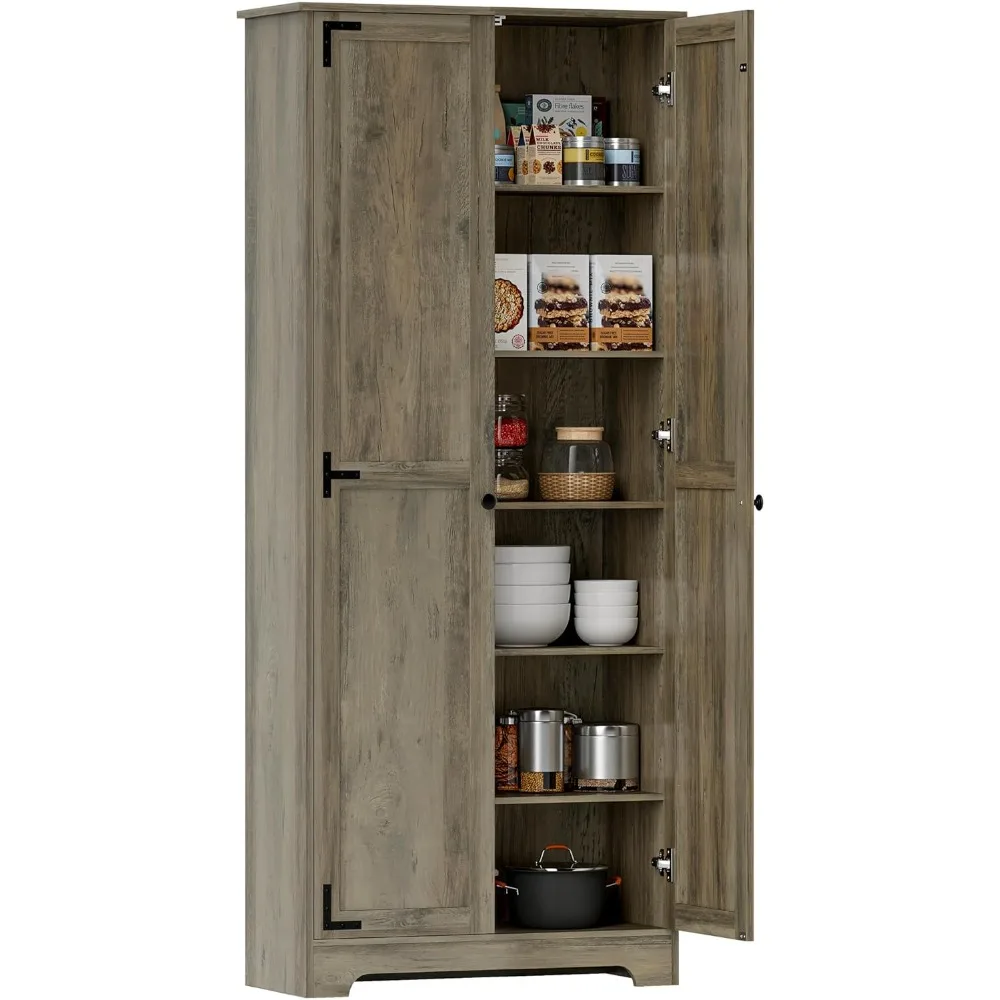 

72" Tall Farmhouse Storage Cabinet, Freestanding Kitchen Pantry Cabinet with Adjustable Shelves and Recessed Doors, Distressed