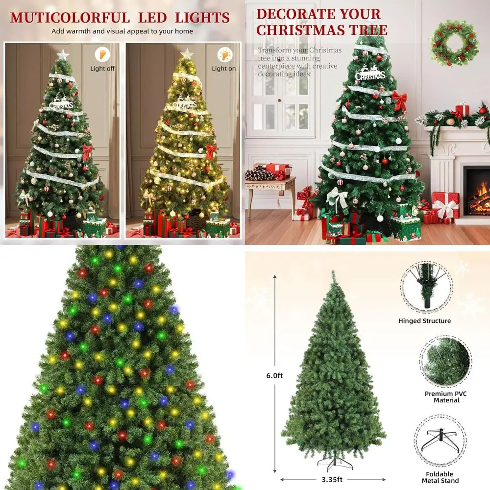 

Искусственная рождественская елка на петлях 6 футов с 928 наконечниками, 250 светодиодных фонарей, металлическая подставка для дома и офиса