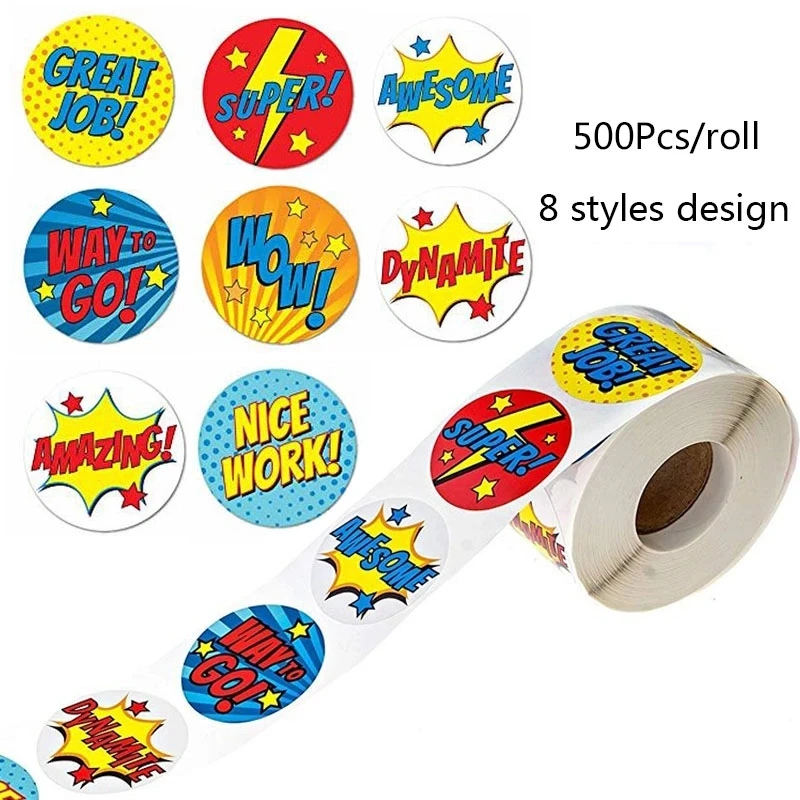 100-500pcs Super Hero Reward Stickers Stickers 8 Encouragement Designs Scrapbooking Paper Seal Students Kids Stationery Sticker