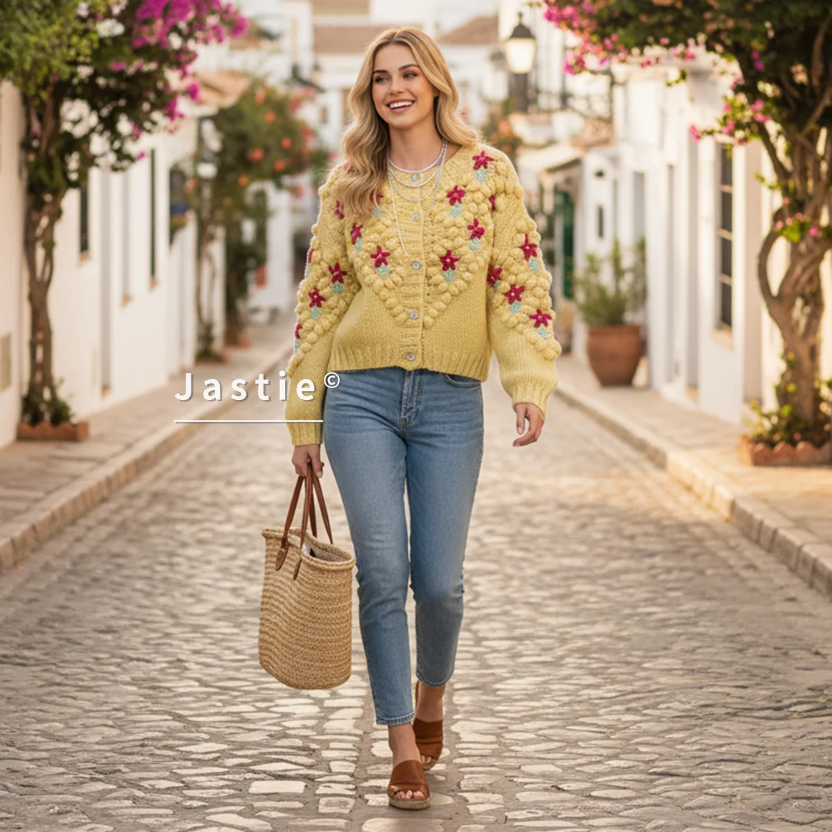 

2026 Autumn/Winter New Handmade 3D Crochet Embroidery Boho Sweater Cardigan Round Neck Long Sleeve Yellow Knitted Cardigan Coat