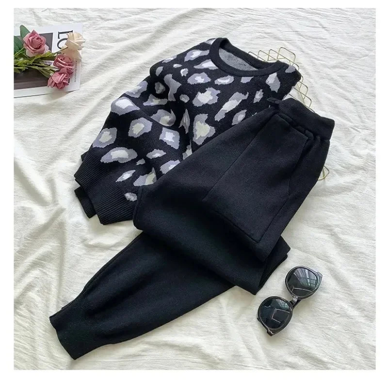 Women\'s Long Sleeve Knit Leopard Pullover Sweaters+Elastic Waist Pants Sets Fashion Trousers Two Pieces Costumes Outfit N423