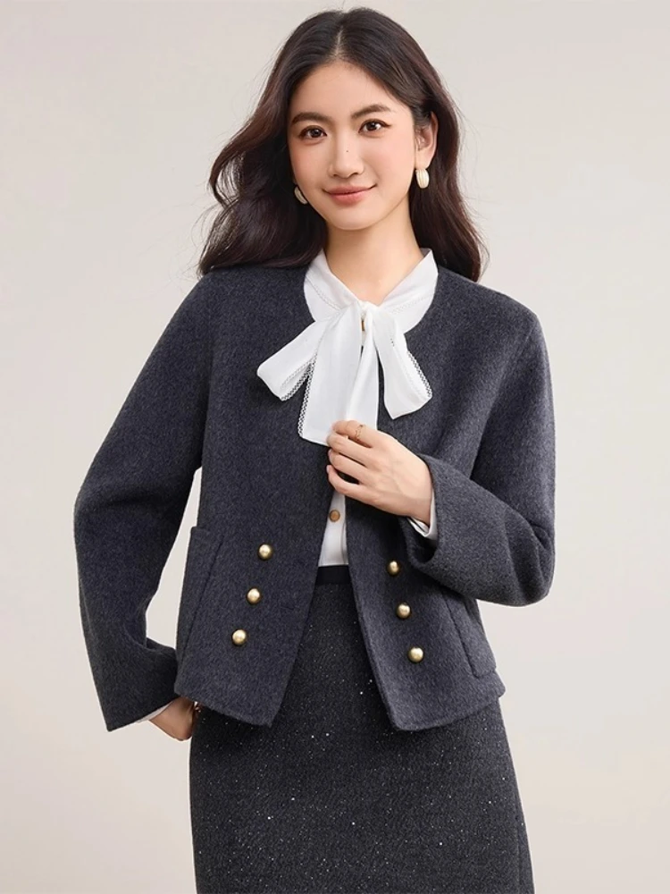 

SENTUBILA Women's Wool Coats 2025 Winter New Collection Short Coats Solid O-neck Long-sleeve Double Breasted Coat W44O56625