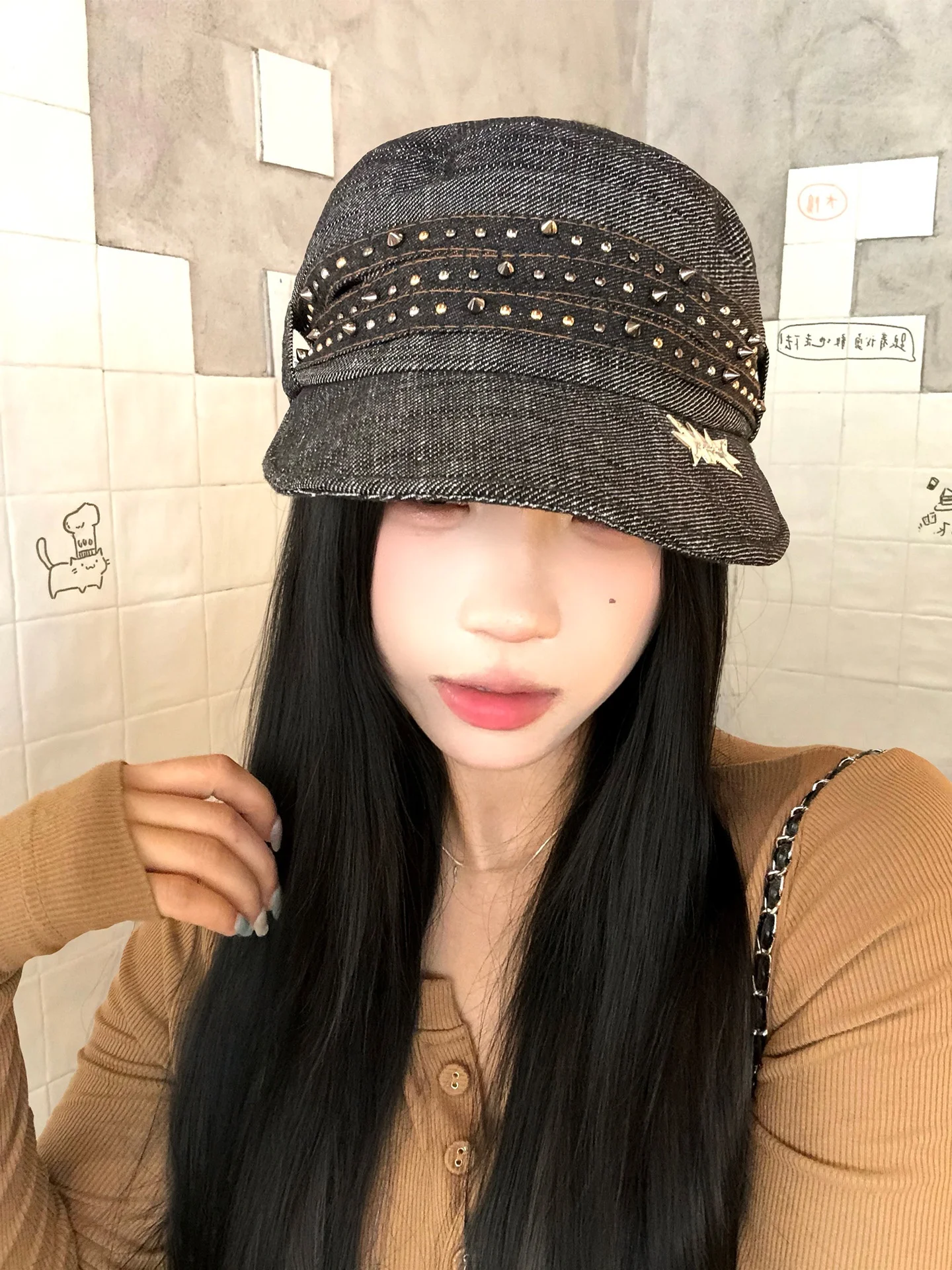 Retro American Heavy Duty Rivet Flat Top Beret Hat Women's Face Slimming Fashionable Casual Short Brim Cap Non-Foldable