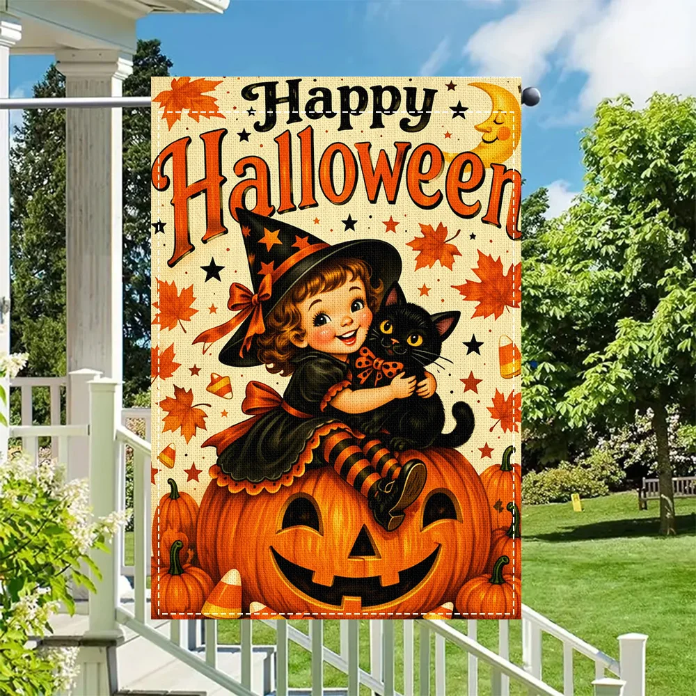 1pc Retro Halloween Little Witch and Black Cat Garden Flag, double-sided print, perfect for patio and outdoor holiday decoration