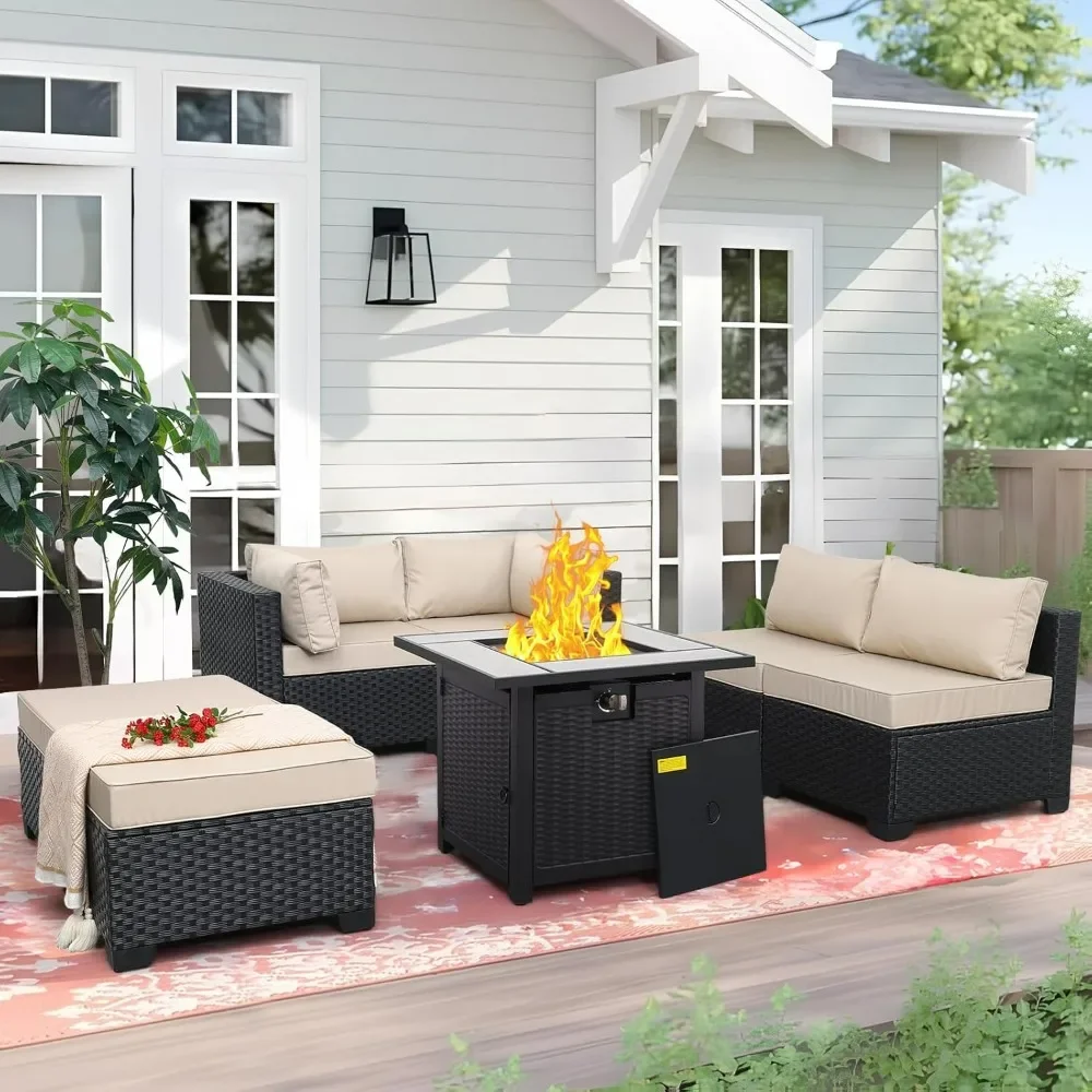 7 Pieces Outdoor Patio Furniture Set, Black Wicker Sectional Couch, PE Rattan Conversation Sofa Set with Khaki Cushions