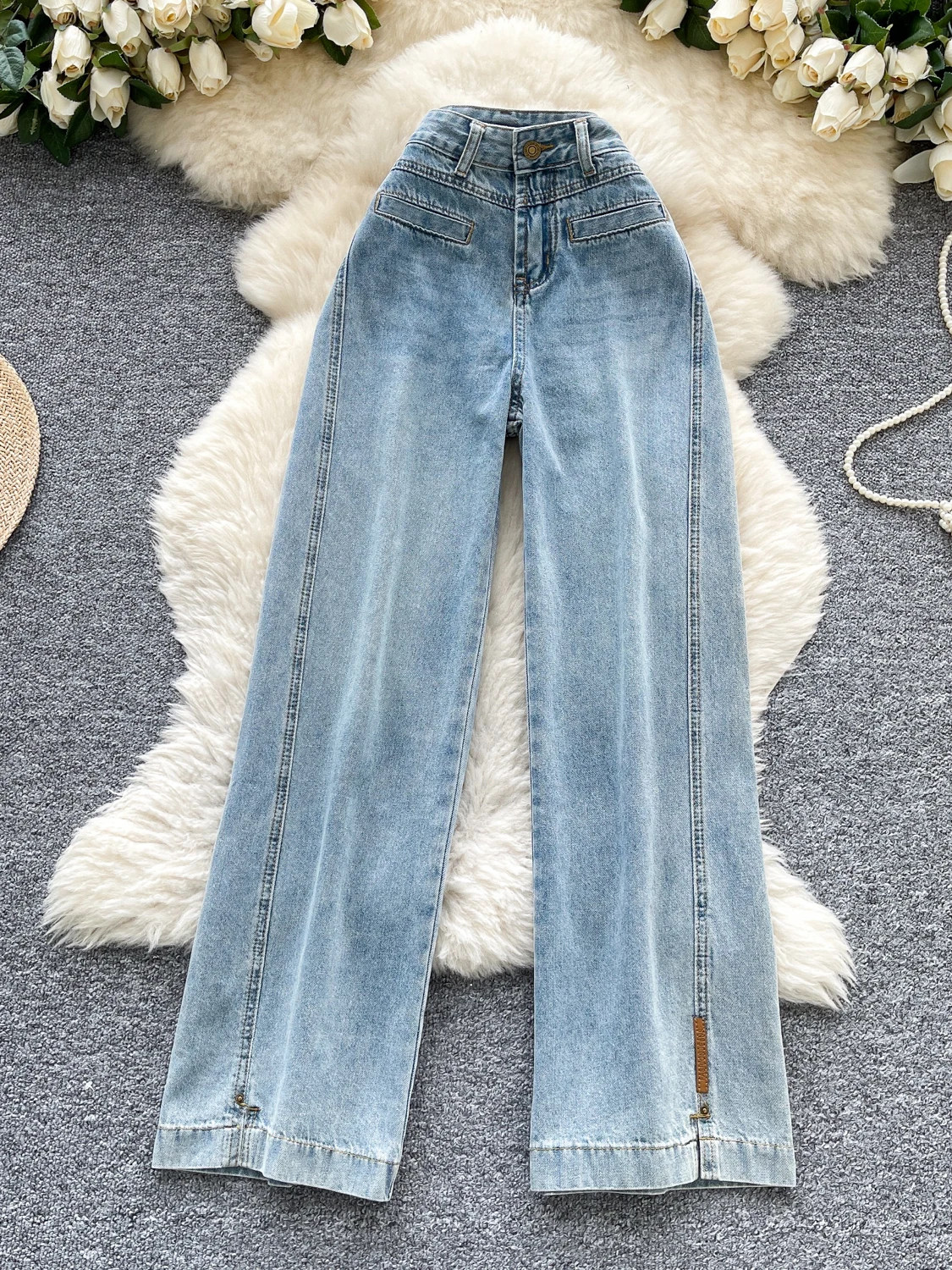 Simple High Waist Wide Leg Light Blue Denim Jeans Women's Summer Vintage Faded Long Straight Floor-Length Pants