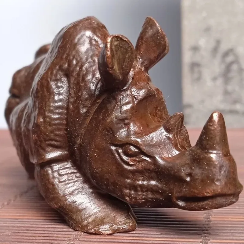 Mini Rhino Sculpture Handcraft Metal Rhino Statue Vintage Bronze Animal Statue Home Office Table Decoration