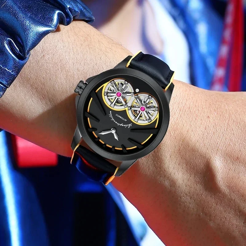 AILANG Double Tourbillon Men's Luxury Watch Automatic Mechanical Waterproof Leather Strap Business Wristwatch for Males