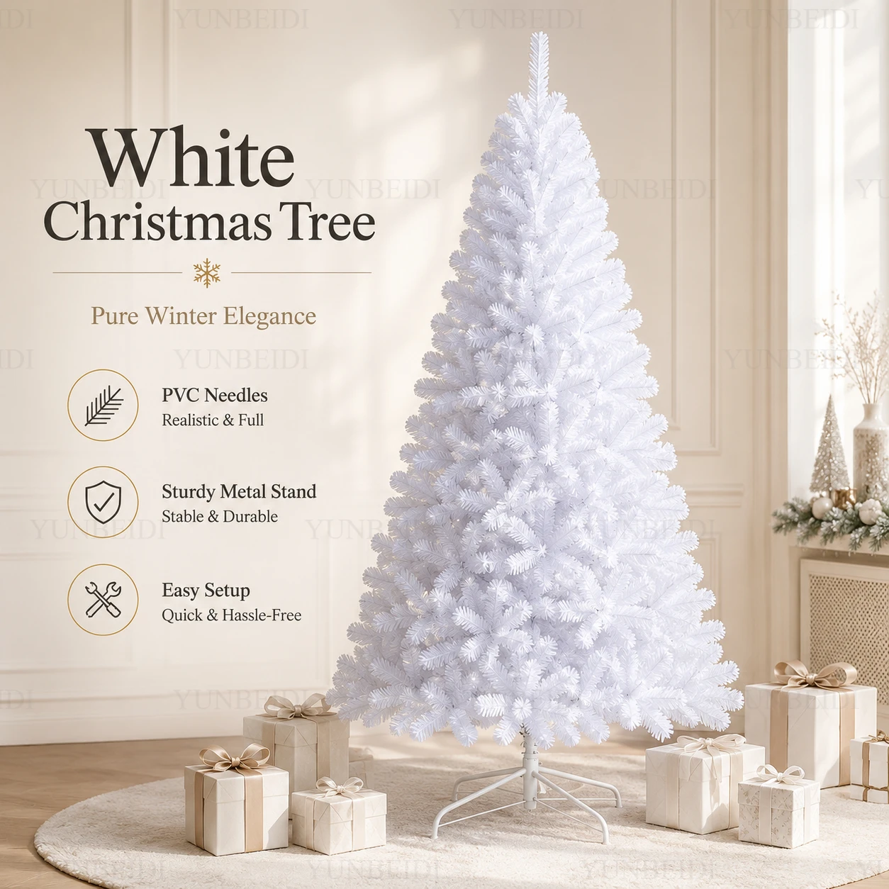 Weißer Künstlicher Weihnachtsbaum aus PVC mit LED-Beleuchtung, Großer Weihnachtsbaum 1,2M bis 2,1M für Weihnachtsfeiern und Heimdekoration