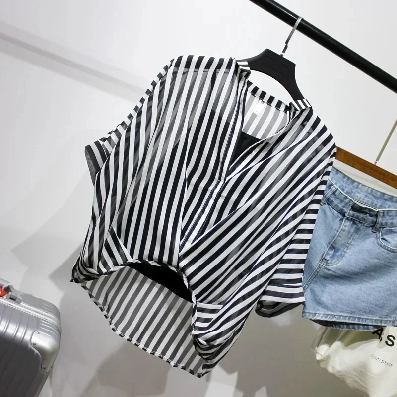 2025 Fashion Two Piece Set Chiffon Shirts Summer Half Sleeve Loose V-Neck Casual Smock Sexy and Slim Fit Solid Tank Top 19483