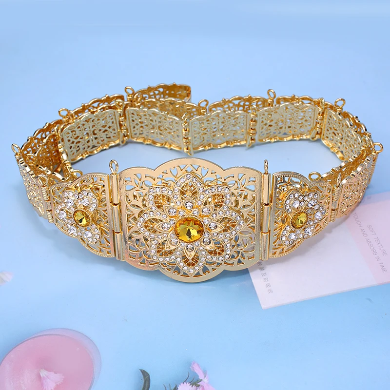 Moroccan Traditional Caftan Dress Belts Gold Plated Crystal Flower Waist Chain for Women Middle East Muslim Women Jewelry