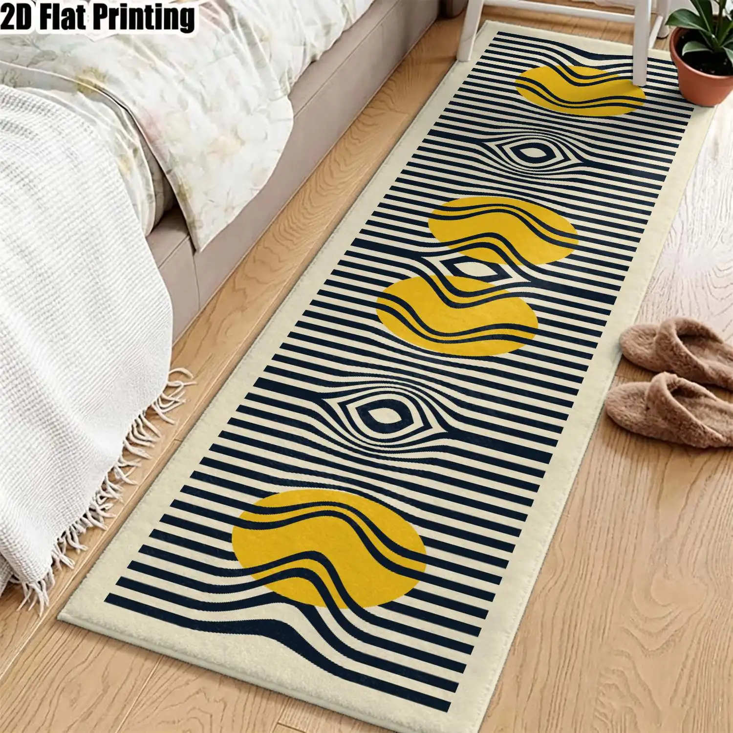 1Pc 2D Printed Long Strip Runner Rug with Yellow & Black Geometric Wave Patterns, Nordic/Instagram Style, Machine Washable, Suitable for Entryway, Hallway, Living Room, Bedroom, Multiple Sizes Available