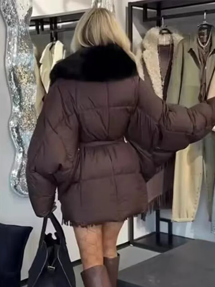 HH Vrouwen Winter Verdikte Katoenen Kleding Riem Zak Decoratie Nepbontkraag Lange Mouwen Mode Vrouwelijke Casual Effen Jas